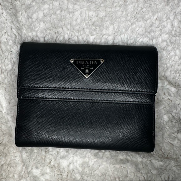 PRADA Logo Plate Tri-Fold Wallet Saffiano Leather Black Used Authentic - Picture 3 of 14